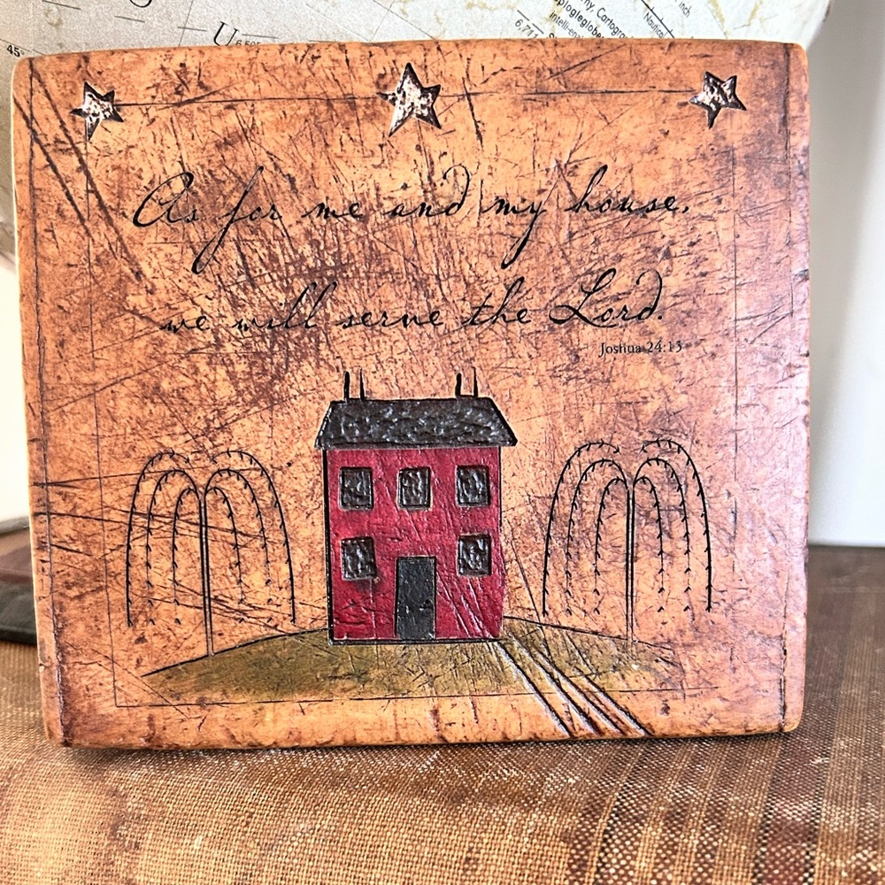 Rustic, distressed, primitive-style wooden art plaque 
L: 6” x H: 5”
New